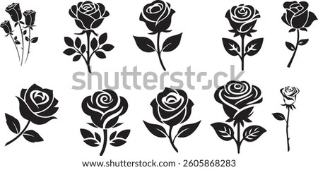 Beautiful rose silhouette vector clip art with clean, crisp edges. Perfect for logos, invitations, decorations, and digital designs. Scalable and high-quality for versatile use