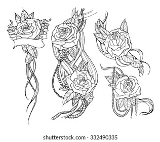 Beautiful rose tattoo set, outline black and white illustration