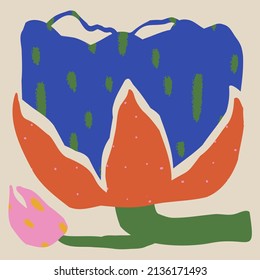 Beautiful rose in trendy paper cut style. Floral design. Botanical cartoon illustration. Flower fit in square frame with various textures and colors. Simple hand drawn shapes. Isolated vector print