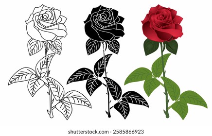 Beautiful rose vector set in outline, silhouette, and full-color versions. Ideal for floral designs, romantic themes, and nature-inspired artwork. High-quality digital art