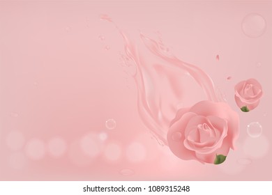 Beautiful rose with water splash on pink background for cosmetic or skin care ad, illustration vector.