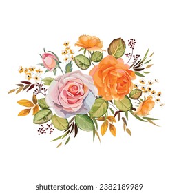 Beautiful Roses bouquet orange and pink color with wild flowers and leaves 