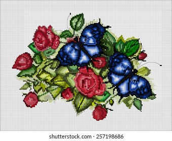 Beautiful roses with butterflies. Geometric style. Vector illustration.