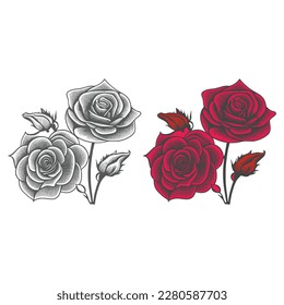 Beautiful Roses Coloring Page Vector using the invitation card and child coloring book.