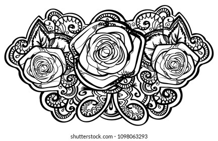 beautiful roses composition with leafs and tracery doodle , black outline line art isolated on white. vector illustration