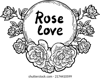 Beautiful roses decorative frame composition for quotes, wedding, birthday to celebrate special day. Floral border. Romantic flowers to decorate event. Vector illustration. Vintage style drawing.