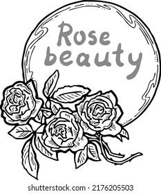 Beautiful roses decorative frame composition for quotes, wedding, birthday to celebrate special day. Floral border. Romantic flowers to decorate event. Vector illustration. Vintage style drawing.
