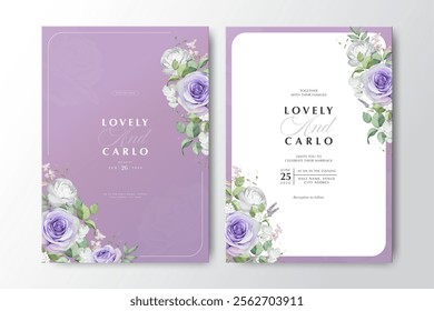 beautiful roses flower wedding invitation card with purple background