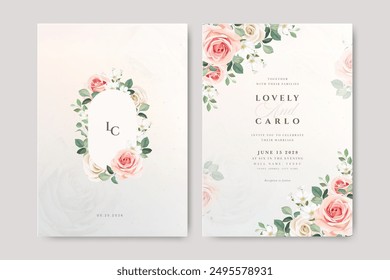 beautiful roses flowers with golden line wedding invitation card with creamy color background