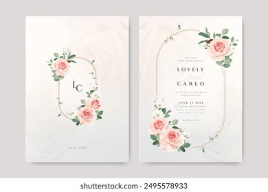 beautiful roses flowers with golden line wedding invitation card with creamy color background