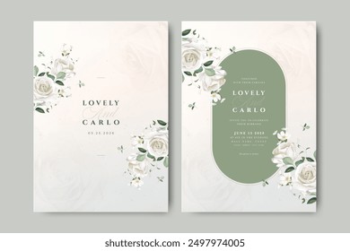 Tarjeta de invitación de boda de flores de rosas hermosas con fondo verde