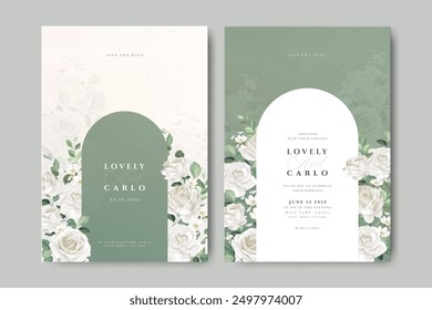 Tarjeta de invitación de boda de flores de rosas hermosas con fondo verde