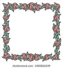 Beautiful roses frame border in bold outline hand drawing illustration style