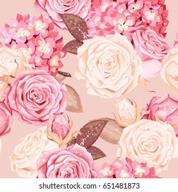 Beautiful roses and hydrangea seamless