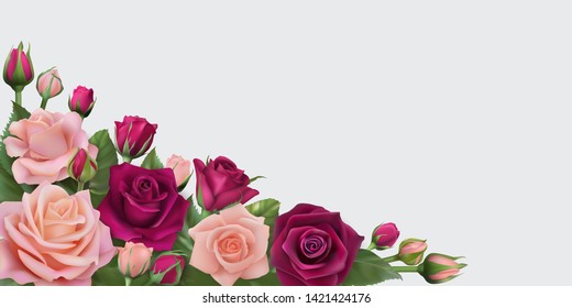 Hermosas rosas aisladas sobre fondo claro. Rosas de vid y rosa con hojas y cogollos. Perfecto para tarjetas de felicitación de fondo e invitaciones de la boda, cumpleaños, día de San Valentín, día de la madre.