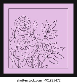 Beautiful roses isolated on light purple background. Hand drawn vector illustration with flowers. Lilac retro floral card. Romantic delicate bouquet. Element for design. Contour lines and strokes. 