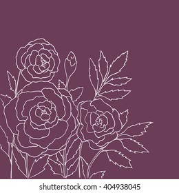 Beautiful roses isolated on purple background. Hand drawn vector illustration with flowers. Pink retro floral card. Romantic delicate bouquet. Element for design. Contour lines and strokes. 