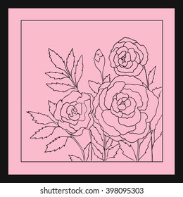 Beautiful roses isolated on soft pink background. Hand drawn vector illustration with flowers. Romantic retro floral card. Romantic delicate bouquet. Element for design. Contour lines and strokes. 
