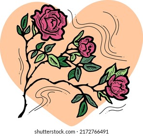Beautiful roses with leaves. Romantic bohemian flowers  bouquet decorative element for birthday party postcard, wedding celebration invitation. Hand drawn illustration. Retro vintage style drawing. 