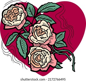 Beautiful roses with leaves. Romantic bohemian flowers  bouquet decorative element for birthday party postcard, wedding celebration invitation. Hand drawn illustration. Retro vintage vector drawing. 