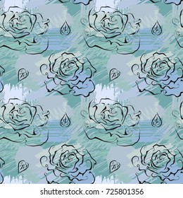 Beautiful roses on blue background with abstract watercolor stains, Seamless pattern