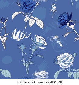 Beautiful roses on blue background with abstract watercolor stains, Seamless pattern