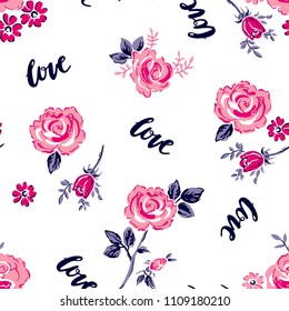 Hermoso patrón de rosas con escritura amorosa sobre fondo blanco para patrones textiles, impresión de moda