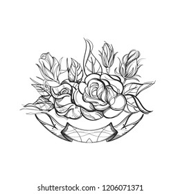 Beautiful roses with ribbon. Outline vector illustration isolated on white background for tattoos, coloring, engraving and much more.