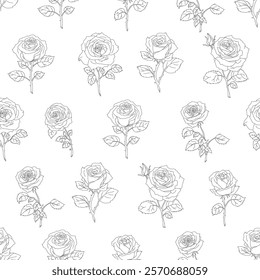 Beautiful roses. Sketch seamless black and white floral pattern. Good for textile design and chic modern decor. Outline monochrome flowers
