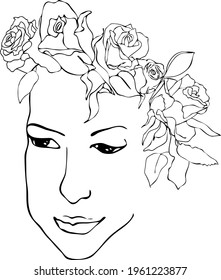 Beautiful roses wreath girl portrait isolated. Vector line flower hairs face of young woman sketch. 