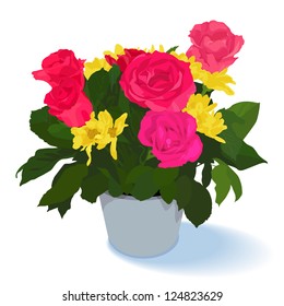 Beautiful Roses and Yellow chrysanthemums in flowerpot, illustration by vector design.