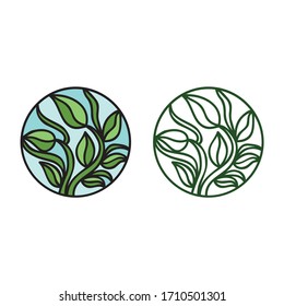 Beautiful round decorative element. Green leaves. Vector illustration