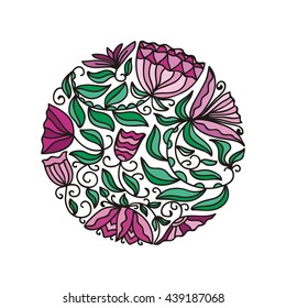 Beautiful round decorative element of leaves and flowers. Vector illustration.