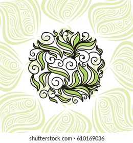 Beautiful round decorative element of leaves and green nature background. Vector illustration.