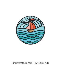 Beautiful round decorative element. Sea and ship. Vector illustration