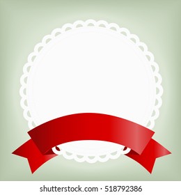 beautiful round doily frame on green background with red banner. Template for greeting card for the holiday. Vector illustration