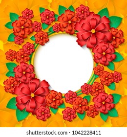 Beautiful round frame with 3d red and orange paper cut out flowers and green leaves. Bright spring banner for sale,shopping, advertising actions and offers with space for text. Vector illustration