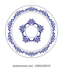 Beautiful round frame arabesque. Blue white plate with a large element in the center. Vintage, ethnic vector frame with arabesques (EPS). Pattern frame for round surfac, household utensil, textile