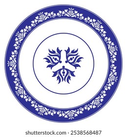 Beautiful round frame arabesque. Blue with white plate with a large element in the center. Vintage, ethnic vector frame with arabesques EPS. Pattern frame for round surfac, household utensil, textile