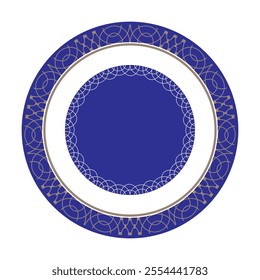 Beautiful round frame arabesque. Blue and gold plate with openwork element in the center. Vintage, ethnic vector frame with arabesques. Pattern frame for round surfac, household utensil, textile. EPS