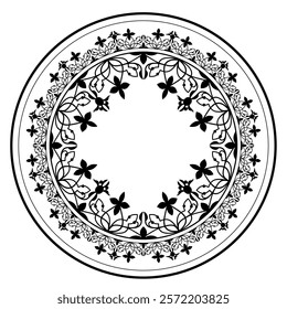 Beautiful round frame arabesque. Round Monochrome plate . Vintage, ethnic vector frame with arabesques. EPS. Vintage black pattern with arabesques for round surfac, sandblasting, ceramics, embroidery