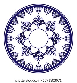 Beautiful round frame arabesque. Vintage, ethnic vector frame with arabesques. Blue white Decorative ceramic plate with oriental ornaments. For round surfaces, household utensils, textiles, embroidery