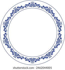 Beautiful round frame arabesques. Blue white plate with floral design. Vintage, ethnic vector frame with arabesques (EPS). Pattern frame for round surfaces, household utensils, textiles, embroidery