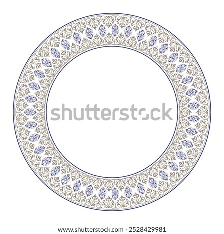 Beautiful round frame arabesques. Gold blue plate with floral design. Vintage, ethnic vector frame with arabesques. EPS 10. Pattern frame for round surfaces, household utensils, textiles, embroidery
