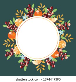 Beautiful round frame with berries and oranges. Vector template.