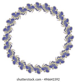 Beautiful round frame with blue decorative flowers. Design element for banners, labels, greeting cards and wedding invitations. Copy space. Vector clip art.