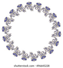 Beautiful round frame with blue decorative flowers. Design element for banners, labels, greeting cards and wedding invitations. Copy space. Vector clip art.