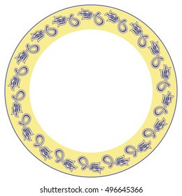 Beautiful round frame with blue decorative flowers. Design element for banners, labels, greeting cards and wedding invitations. Copy space. Vector clip art.
