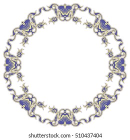 Beautiful round frame with blue decorative flowers. Design element for advertisements, flyer, web, wedding and other invitations or greeting cards.Vector clip art.