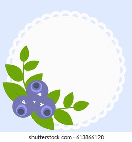 beautiful round frame with a branch of berries blueberries with leaves on a blue background. template for photo frame or greeting cards. vector illustration